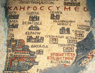 Detail der Karte, die den nördlichen Negev bis zum Mittelmeer und die Stadt Gaza zeigt, Madaba, Jordanien